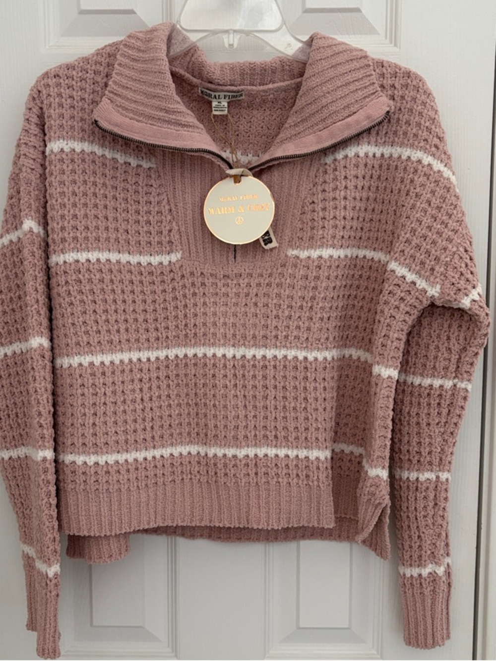 Moral Fiber Dusty Rose Striped Quarter-Zip Sweater